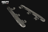 Metallic vehicle roof rack system on a black background with 'NEPT' branding.